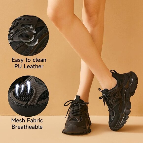 Women Black Chunky Sneakers Casual Lace-up Walking Shoes - Picture 5 of 7